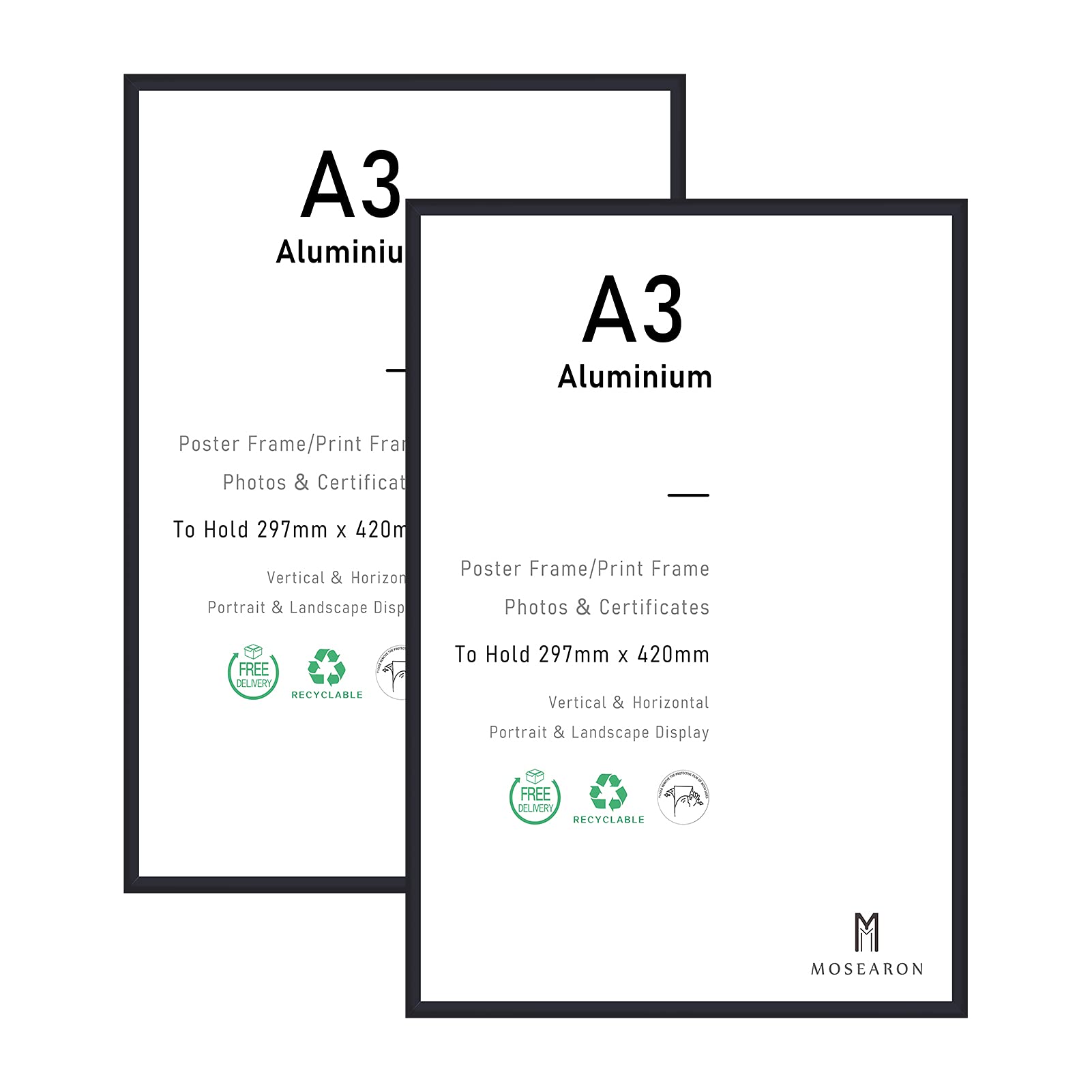 A3 Certificate Picture Frame,2 Pack Black Aluminium Photo Frame with plexiglass for Wall Mount Display,29.7x42 cm,Set of 2