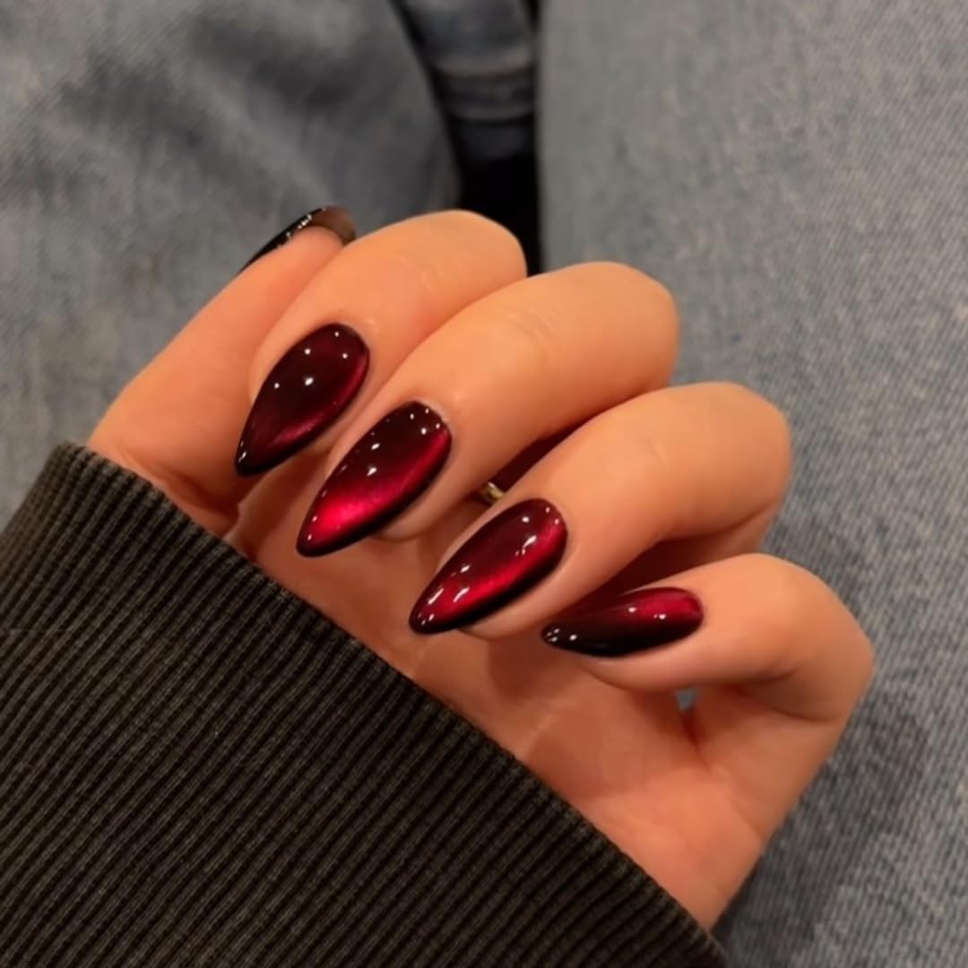KQueenest Dark Red Press on Nails Cat Eye, Burgundy Glitter Press on Nails Almond Medium, Sparkly Shiny Fake Nails Set, Cute Bling Glue on Nails Medium Length, 30 Pcs