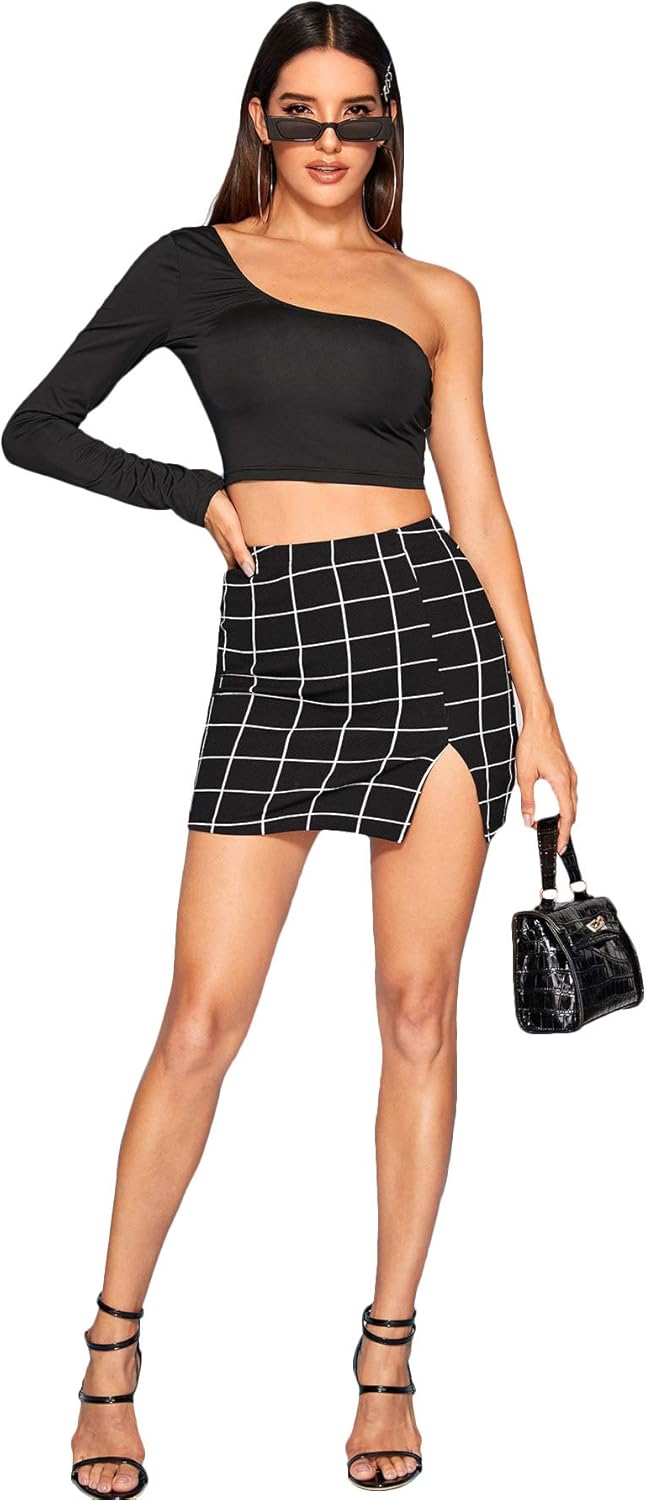Floerns Women's Plaid Bodycon Split Mini Skirt: Clothing