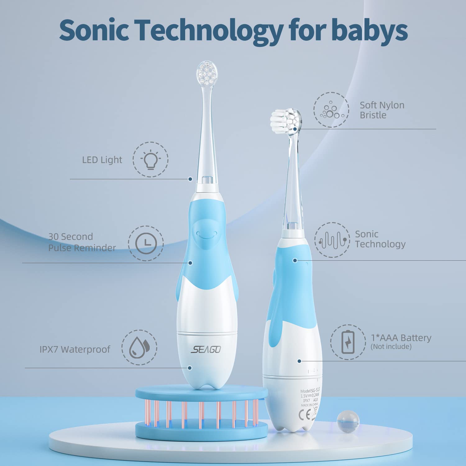 Toddler Electric Toothbrush for Ages 1-3 Years,Baby Electric Toothbrush with Smart LED Timer and Sonic Technology,4 Brush Heads(Blue)