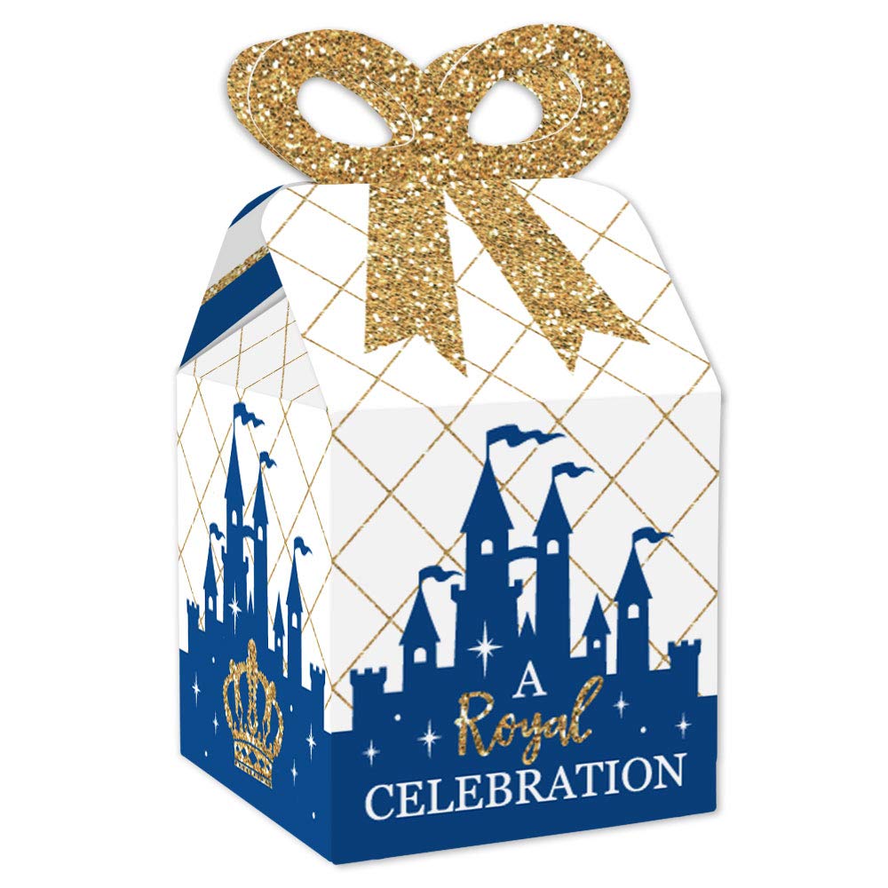 Big Dot of Happiness Royal Prince Charming - Square Favours Gift Boxes - Baby Shower or Birthday Party Bow Boxes - Set of 12
