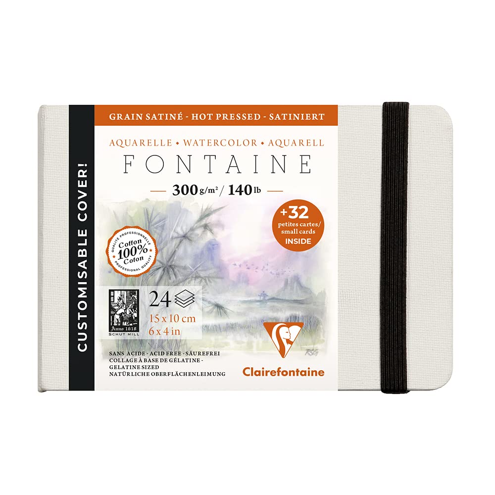 Clairefontaine - Ref 975440C - Fontaine Hot Pressed Sewn Watercolour Book (24 Sheets) - 10 x 15cm Size, 300gsm Paper - Suitable for Watercolour Artwork, Black