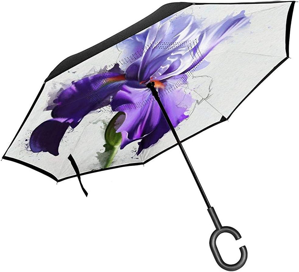 Merle House Watercolor Of A Purple Iris On A White Reverse Umbrella Double Layer Inverted Umbrellas For Car Rain Outdoor With C-Shaped Handle