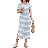 LOMON Women's Casual Vacation Dresses Striped Maxi Cruise Outfits Pocket Long Dress Summer Short Sleeve Split Dresses