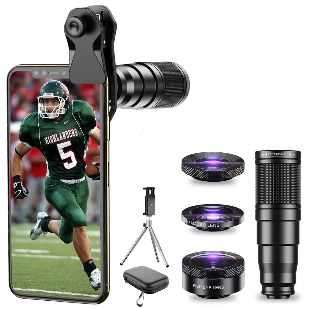 Apexel Phone Lens Kits, 4 IN 1 Camera Lens Kits-22x Telephoto Lens/205°Fisheye Lens/120°Wide Angle Lens&20x Macro Lens/Tripod and Remote Shutter for iPhone Samsung,Huawei,Xiaomi and most smartphone