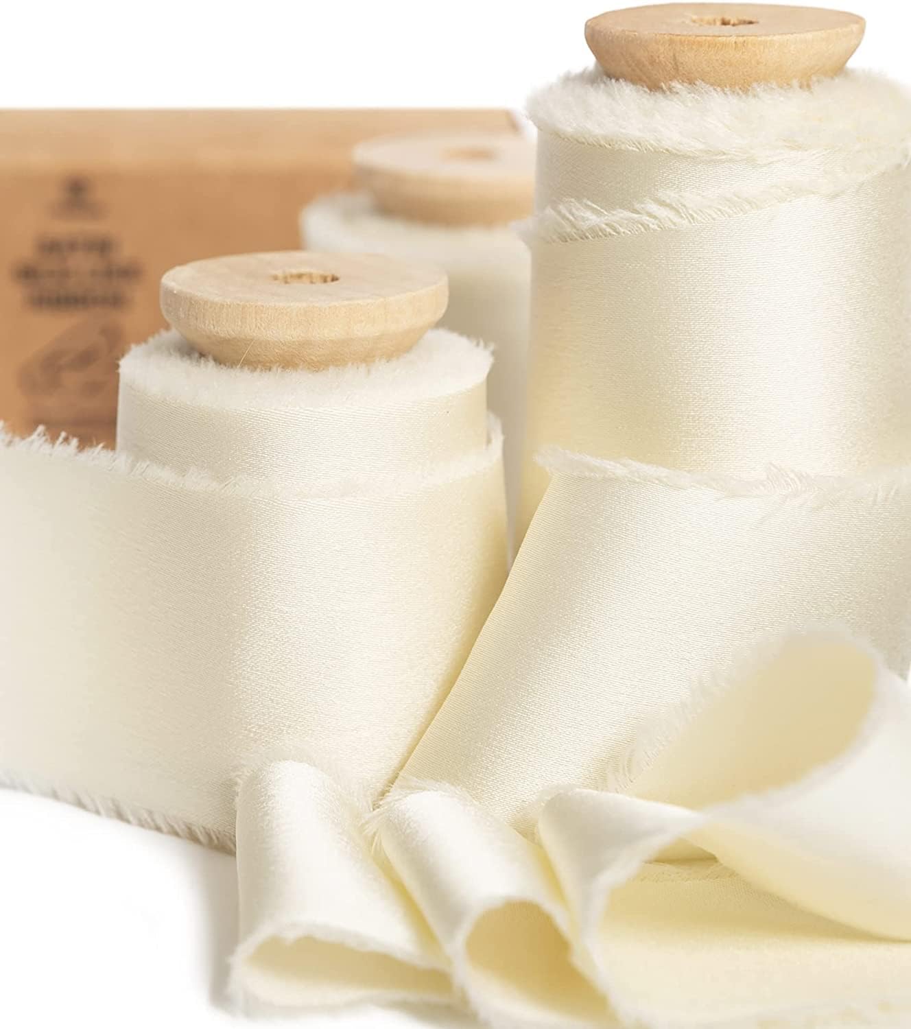 Vitalizart Cream White Silky Satin Ribbon, 1.5'' x 15 Yard with Wooden Spool, Handmade Fringe Ivory Ribbons for Gift Wrapping, Festive Decoration, DIY Craft, Wedding Bridal Bouquet