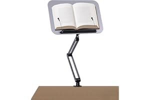 ASIEIT Desk Clamp Book Stand, Aluminum Book Holder Adjustable Height & Angle, Cookbook Stand for Kitchen, Recipe Book Holder with 360° Swivel Base, Book Stand for Reading, Office, Laptop