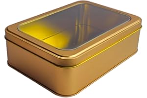 hadaaya Gold Metal Tin Box With Clear Lid – Christmas Gifting Multipurpose Tin Storage Container for Cookies,Jewelry, Crafts, Pills, Gifts, Pencils and More - 7.25 x 5.25 x 2.25 Inches
