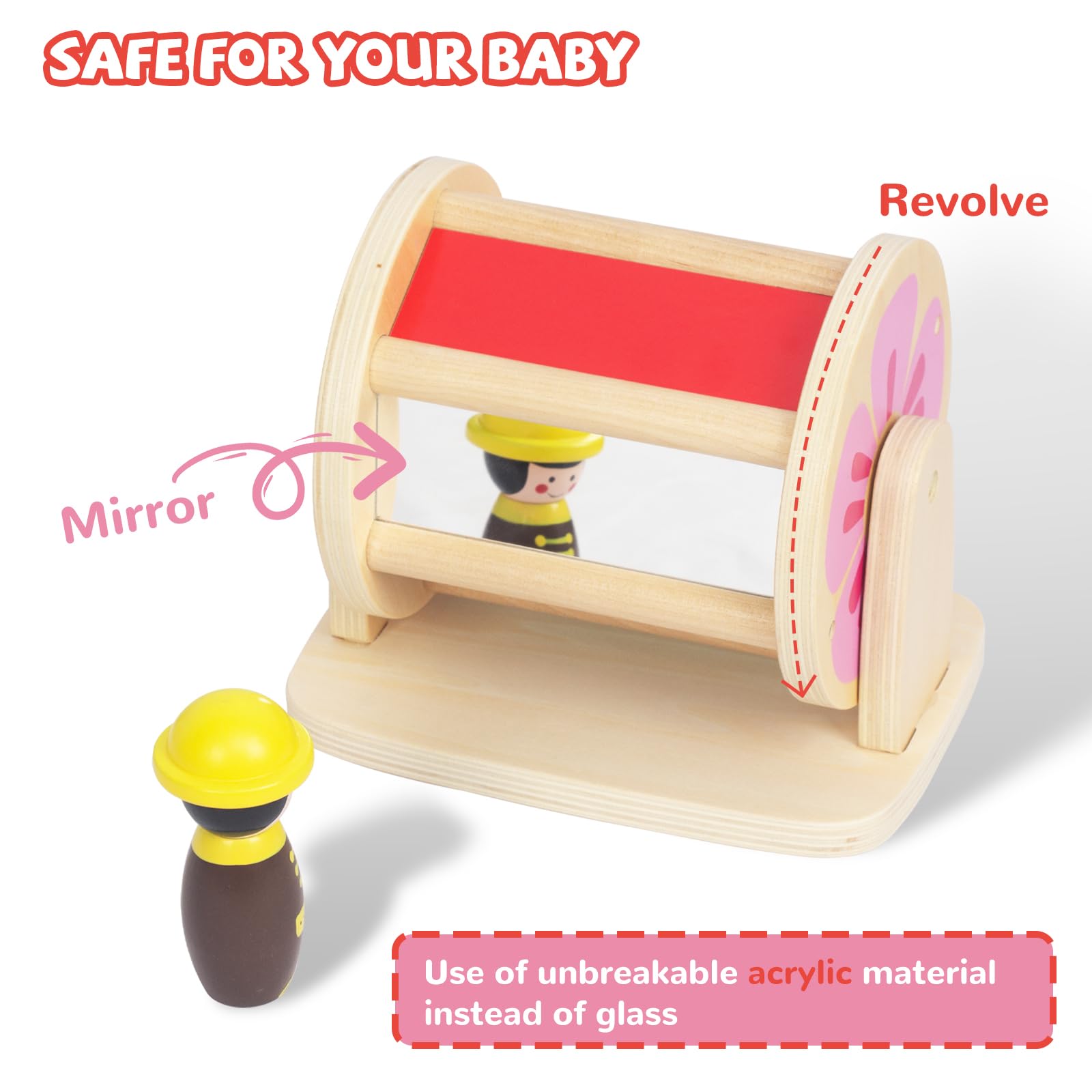 Montessori Spinning Drum Baby Toys, Wooden Tummy Time Mirror Play Kit and Rainbow Fabric Ball Kit Toys for 6-12 Months Toddlers