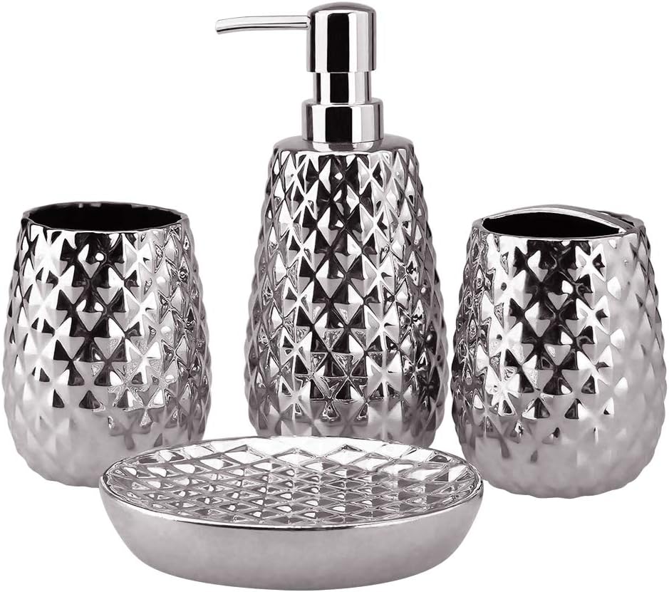 4-Piece Ceramic Bathroom Accessories Set, Moroccan Trellis Bathroom Ensemble Complete Sets for Bath Decor Includes Soap Dispenser Pump, Toothbrush Holder, Tumbler, Soap Dish, Ideas Home Gift (Silver)