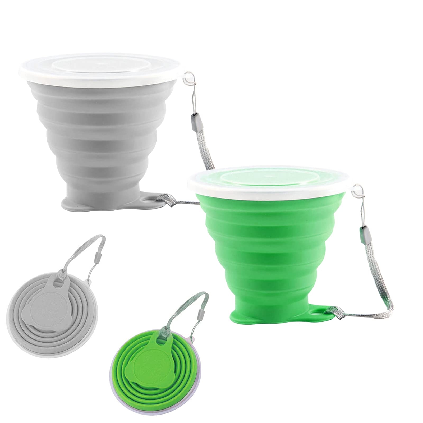 2 Pcs Silicone Foldable Cup Collapsible Travel Cup with Lid Silicone Folding Silicone Cups with Plastic Sealing Lid Reusable Portable Cup Set for Outdoor Camping Hiking (green grey)