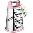 Spring Chef Professional Stainless Steel XL Parmesan Cheese Grater with Handle - 4 Sided Box Grater for Kitchen - Dishwasher Safe Carrot Shredder for Potato, Vegetables, Ginger - Pink Lemonade