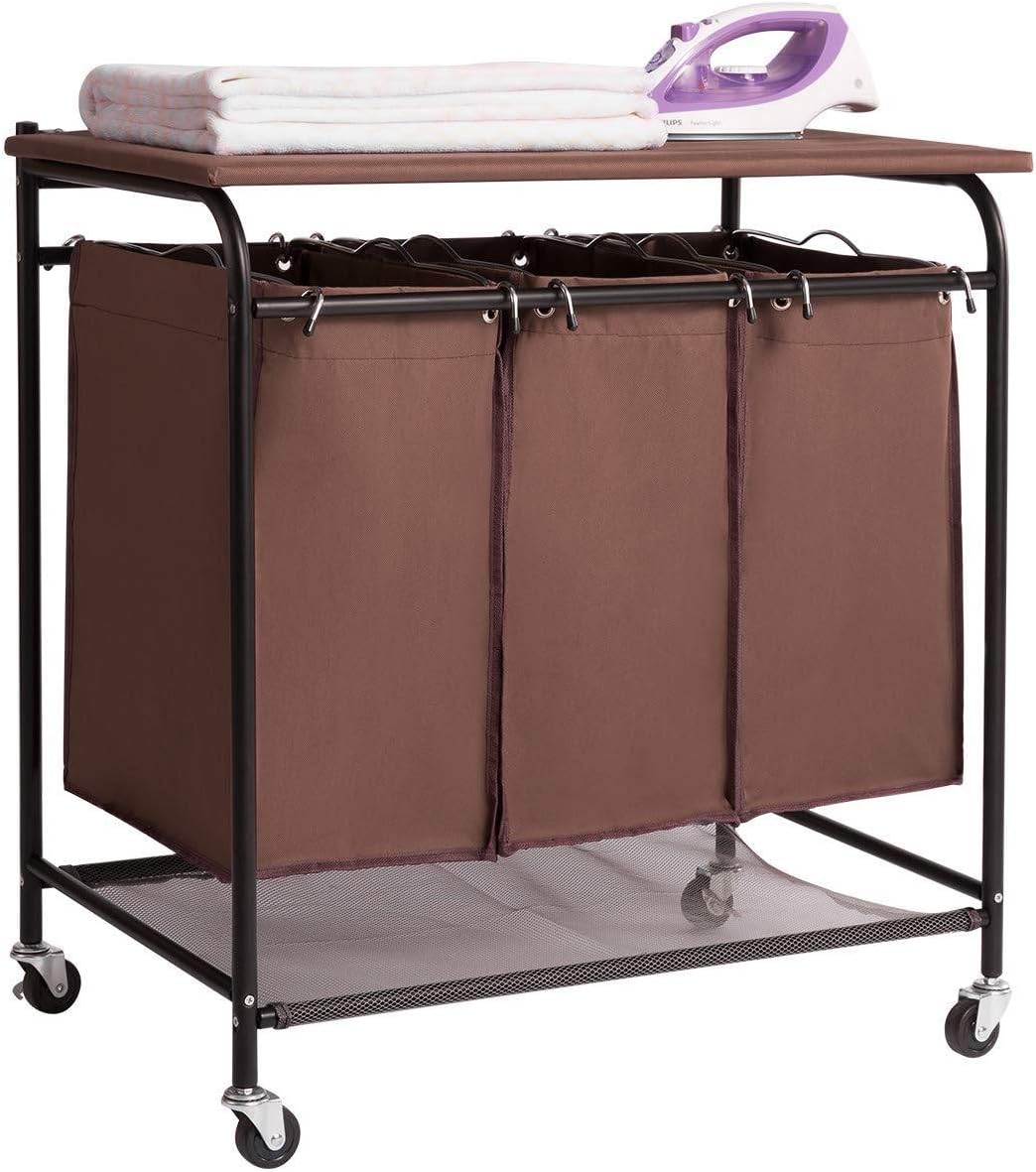 Rolling Laundry Sorter Cart Heavy Duty 3 Bags Laundry Hamper Sorter with Ironing Board,C