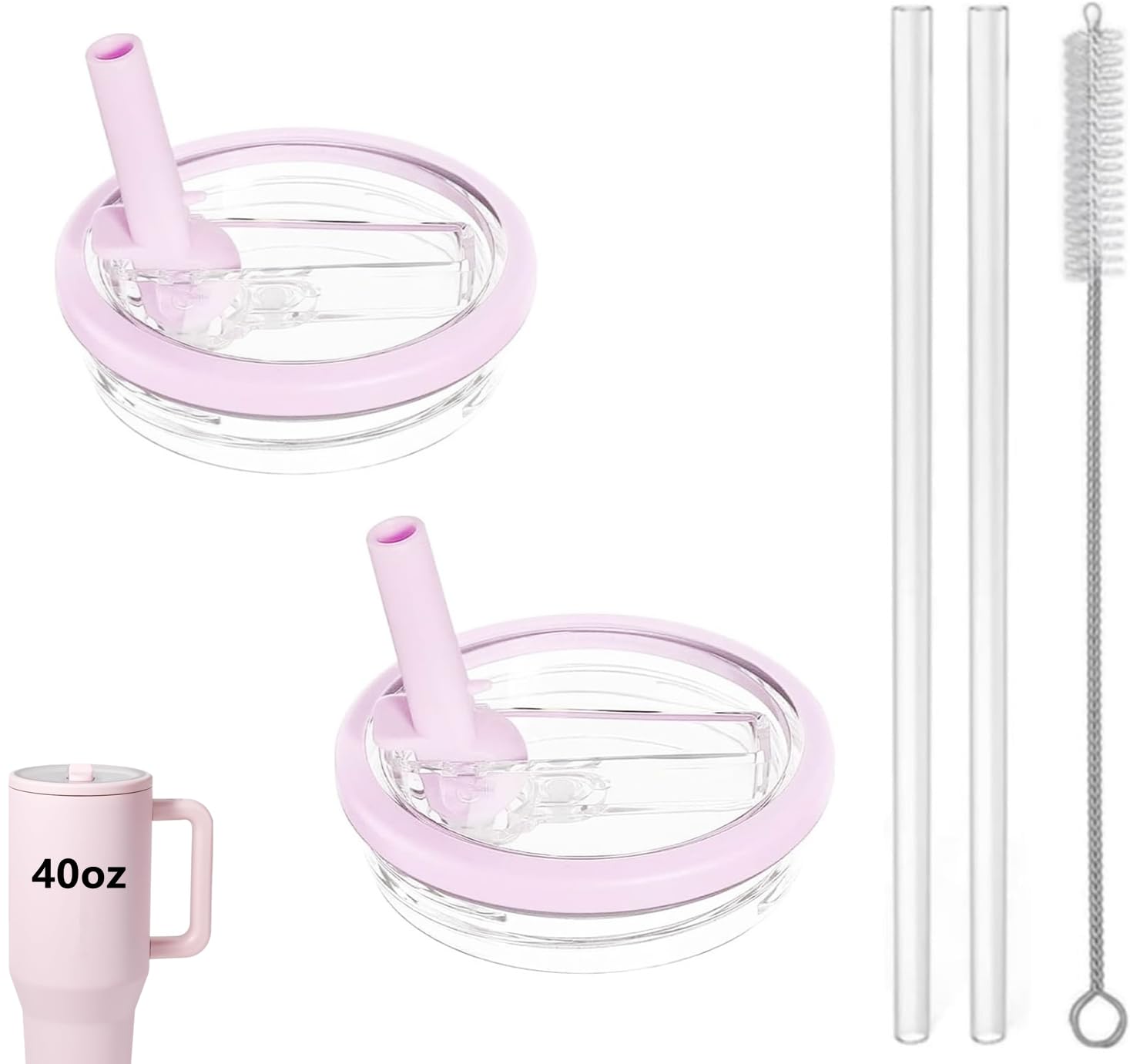 Photo 1 of 2 Pack 40 oz Tumbler Flip Straw Lid Replacement fit for HydroJug, Spill Proof Splash Resistant Tumbler Lids,Reusable Leak Proof Tumbler Cover for Cup Accessories (Pink)