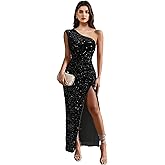 Zeflows Womens Sequin One Shoulder Sleeveless Wedding Guest Dresses High Split Sparkly Glitter Gowns Bodycon Maxi Dresses