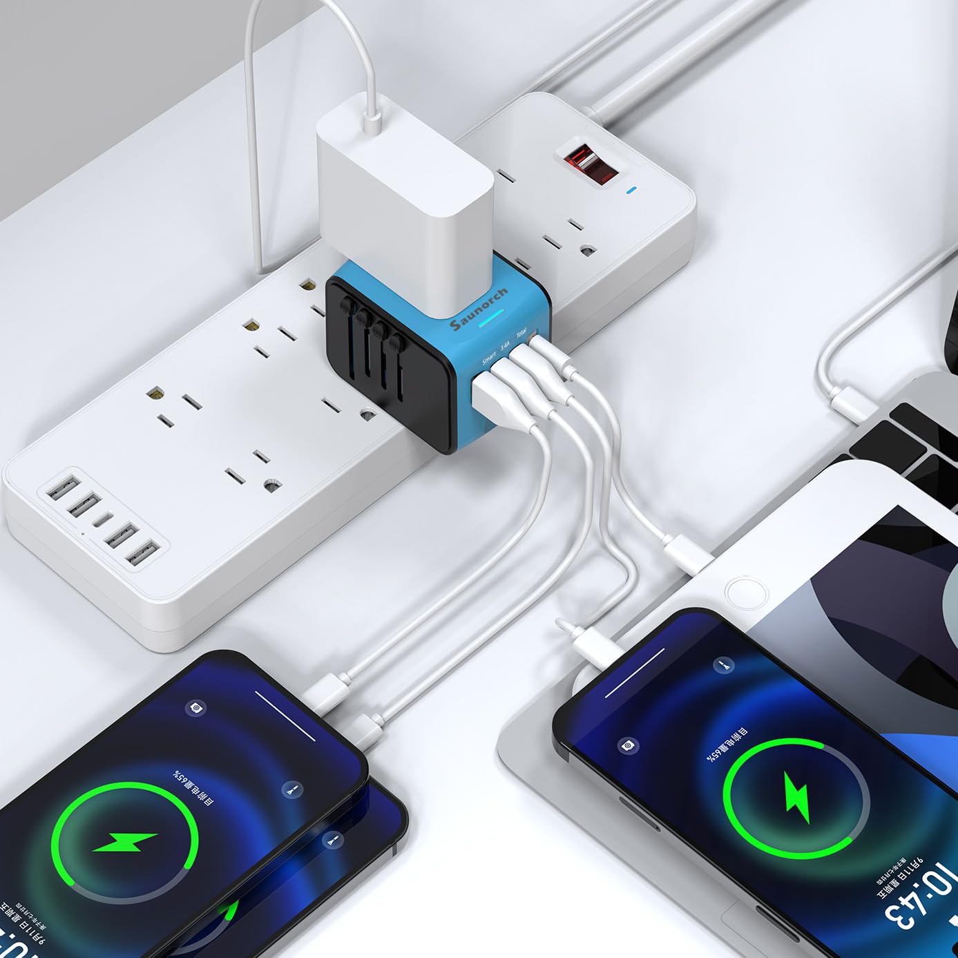 SAUNORCH Travel Adapter Worldwide, Universal International Power Plug Adapter W/2.4A 3xUSB-A and 3.0A Type-C Wall Charger, European Travel Plug Adapter for Europe UK EU US CA AU Italy Asia-Blue
