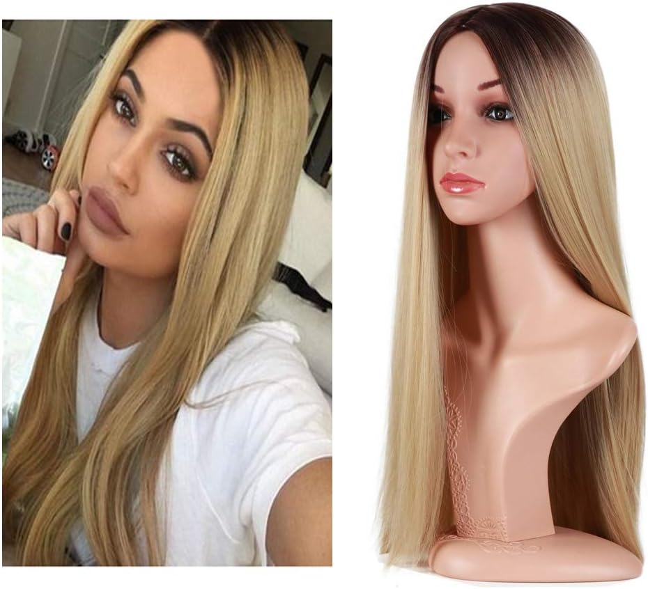 WIWIWIG Long Blonde Synthetic Wigs Straight Ombre Blonde Wig with Black Roots For Women Girls Cosplay Party 24 Inches