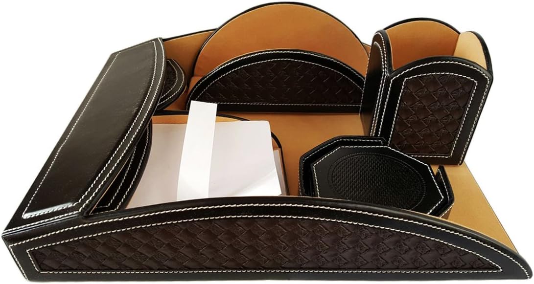 Krisha International 6 part Faux Leather Desktop Set - Black/Dark Brown/Sand (Letter Tray, 6pcs. Coaster Set, Pen Pot, Letter Holder, Business Card Holder, Memo Pad Holder)
