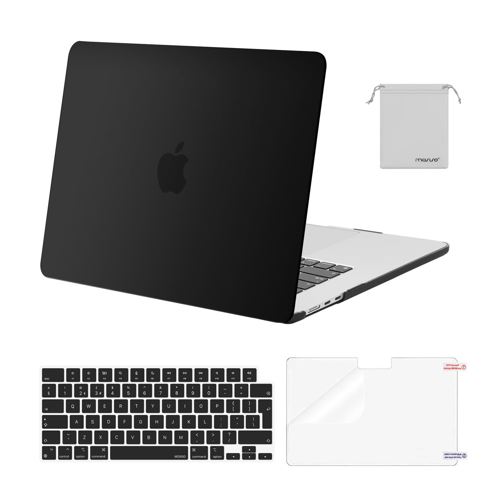 MOSISO Scratch-Resistant Case Compatible with MacBook Air 15 inch M5 M4 M3 M2 2026-2023 A3448 A3241 A3114 A2941,Protective Hard Shell Laptop Cover Keyboard Skin&Screen Film&Pouch, Black