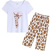 YIJIU Women's Short Sleeve Tops and Capri Pants Cute Cartoon Print Pajama Sets