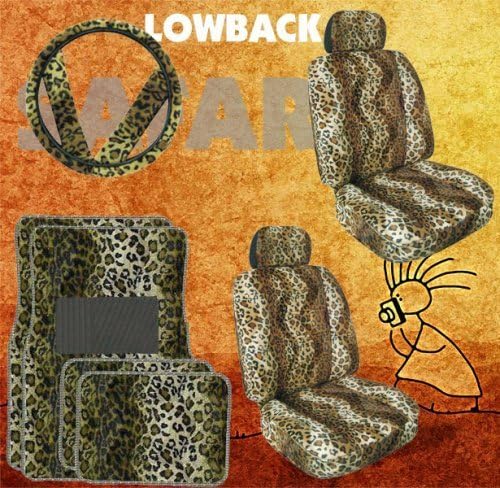 - 11pc Safari Tan Leopard Print Car Floor Mats, Low Back Seat Covers, Steering Wheel Cover & Shoulder Pad Set