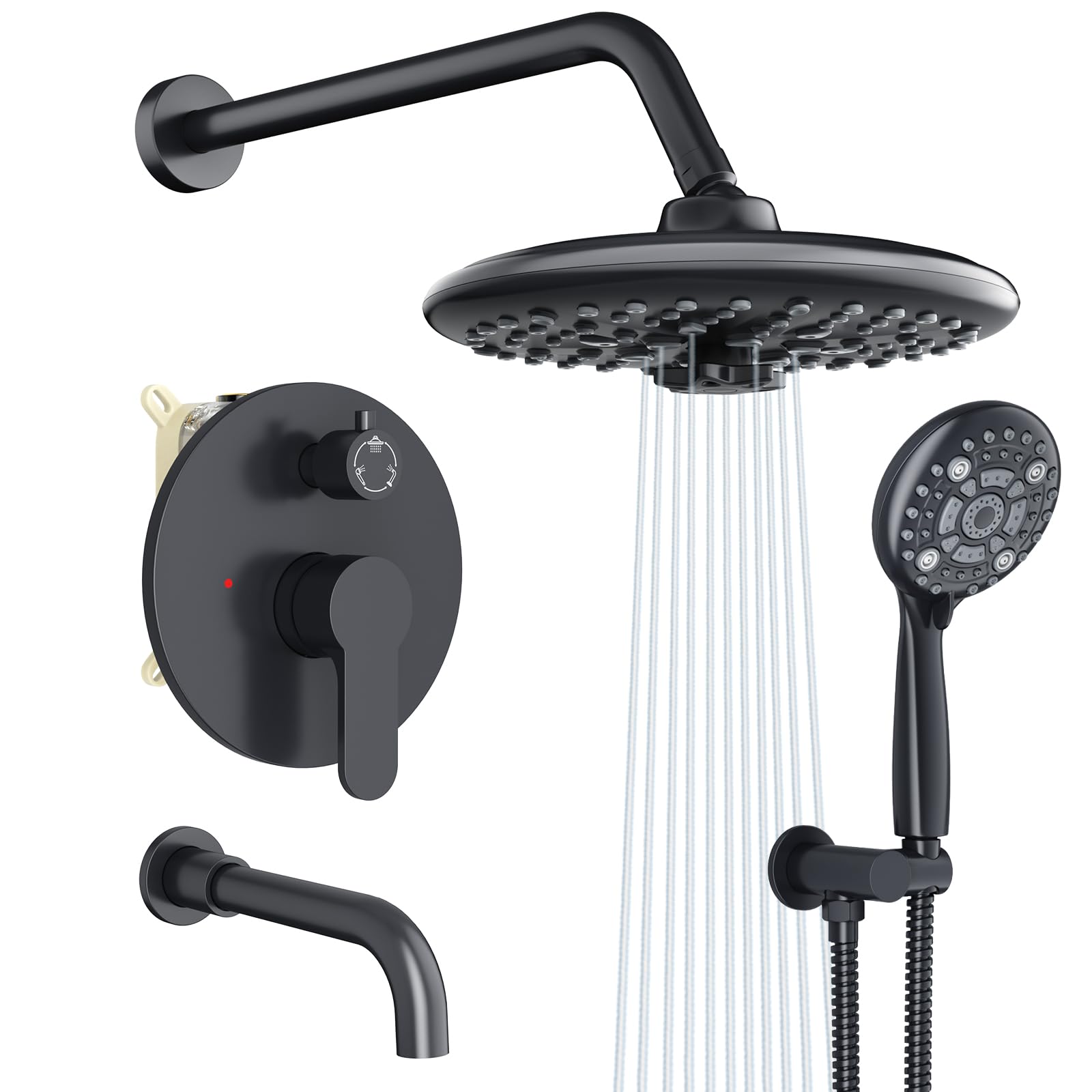 Photo 1 of SR SUN RISE 10 Inches Wall Mounted Shower System with Tub Spout Shower Tub Faucets Sets Complete Newer Model High Pressure 3-Spray Rain Shower Head and 6-Setting Handheld Combo, Matte Black