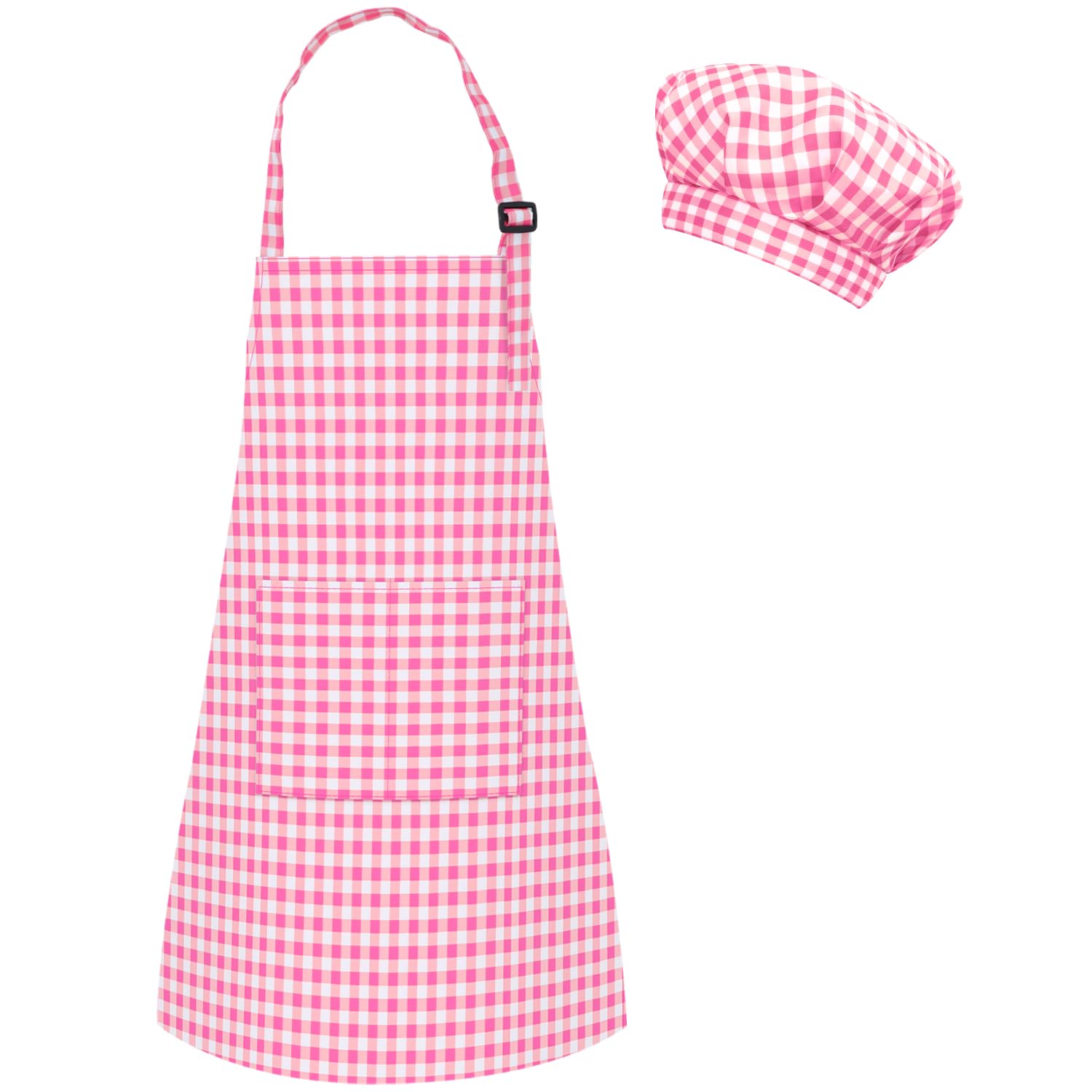 Grid Kids Apron and Chef Hat Set, Adjustable Check Child Chef Aprons with 2 Pockets, Lattice Print Children's Apron for Kids Toddler Painting Baking Cooking Artist (Grid Rose Pink, L（7-13Years）)