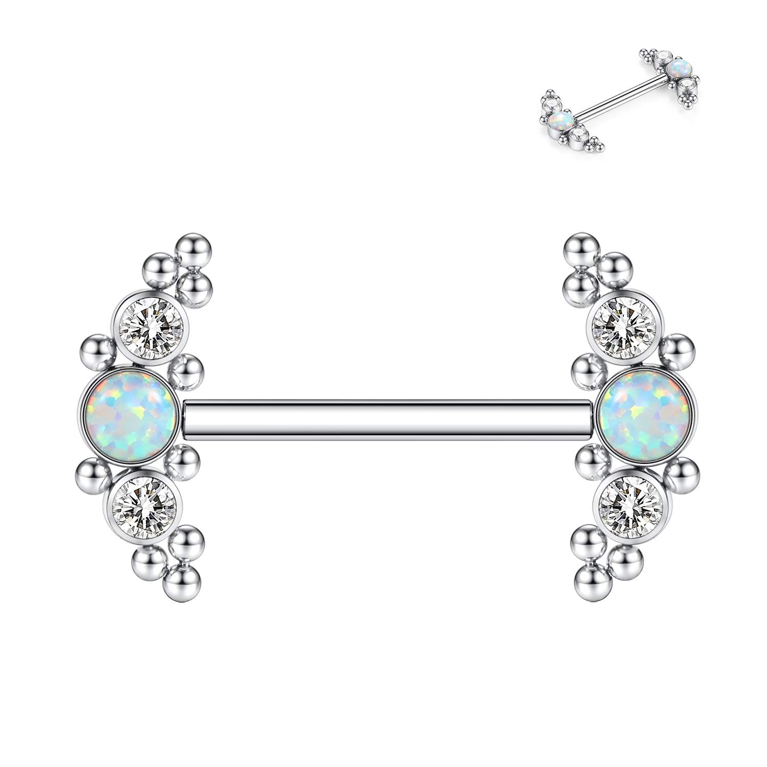 hengkaixuan Nipple Rings 14G G23 Titanium Nipple Piercing Nipple Barbell Threaded Silver Nipple Rings CZ Opal Body Piercing Jewellery for Women 12mm