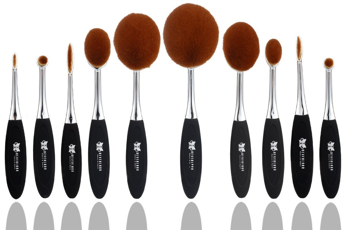 Neverland Beauty 10pcs Make-up Brushes Set Silver & Black Elite Oval Toothbrush Shape Powder Foundation Contour with Case Box