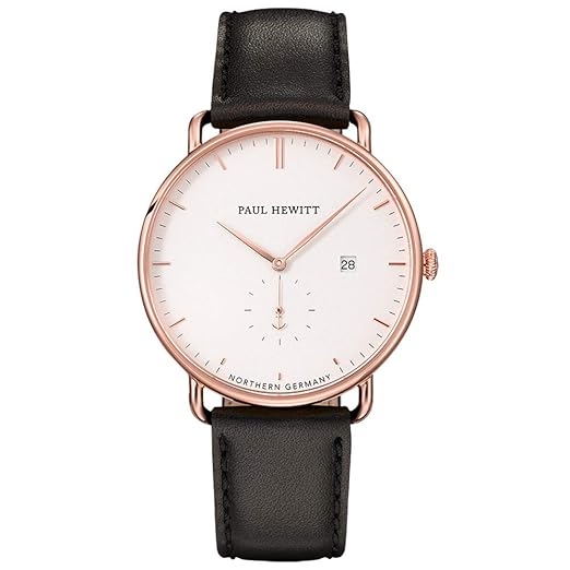 PAUL HEWITT Damen Armbanduhr Grand Atlantic Line White Sand aus Edelstahl in IP Roségold mit Lederarmband in Schwarz