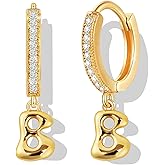 18K Gold Filled Initial Dangle Hoop Earrings for Women, 1 Pair CZ Hypoallergenic Alphabet Letter A-Z Drop Dangle Dainty Gold Earrings, Small Huggie Hoop Earrings with Cubic Zirconia Gifts Jewelry