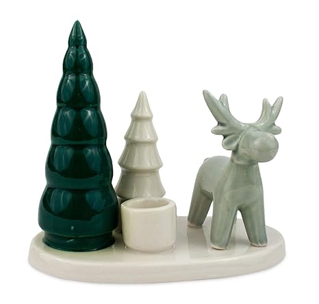 Deko Kerzenständer Tanne Rentier Aus Keramik Grün Grau Creme 16cm Weihnachtsdeko Kerzenhalter Für Kerzen Winter Weihnachten