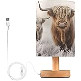 KEEPREAL Cool Highland Cow Bedside Table Lamp - USB Small Nightstand Lamp, Wood Base LED Desk Light for Bedroom,Living Room, Office Desk