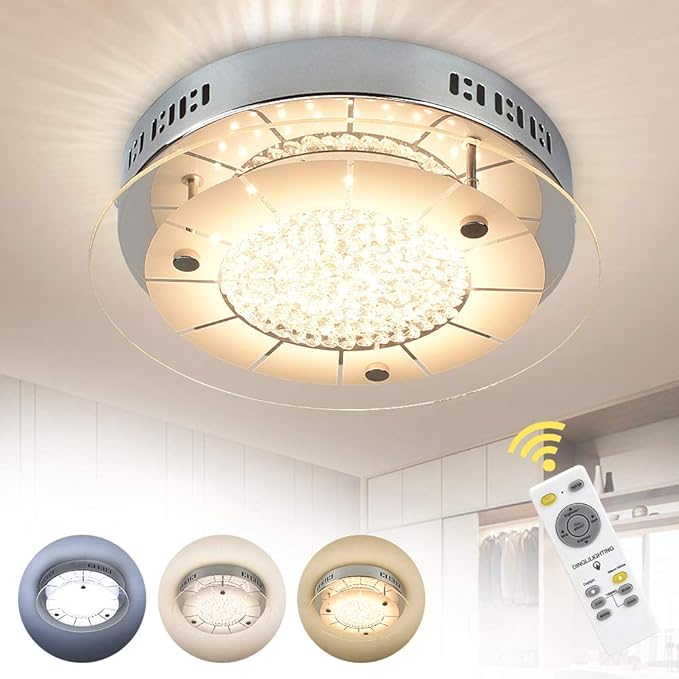 DLLT Dimmable Crystal Ceiling Light Fixture, 18W LED Chandeliers with