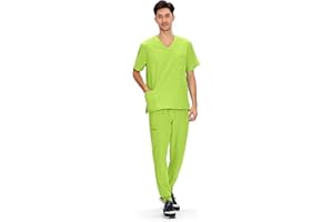 COZYFIT Scrubs for Men - 4 Pockets V-Neck Scrub Top and 7 Pockets Jogger Pants Mens Scrubs Set, Apple Green, L