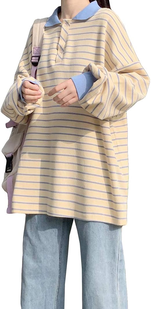 Amazon Ksila トレーナー レディース 長袖 トップス カットソー ボーダー柄 パーカー ゆったり 韓国 プルオーバー 襟付き 学院風 可愛い カジュアル 秋 ファッション 通学 Freesize白 トレーナー パーカー 通販