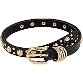 HOTAHO Womens Belt for Jeans Dresses Pants,Skinny Black Belts for Women Studded Leather Belt with Gold Buckle