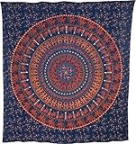 Luna Bazaar Kira Elephant Mandala Tapestry, Bohemian Wall Hanging and Bedspread (Large, 7 X 8 Feet, Blue and Orange, 100% Cotton, Fair Trade Certified)