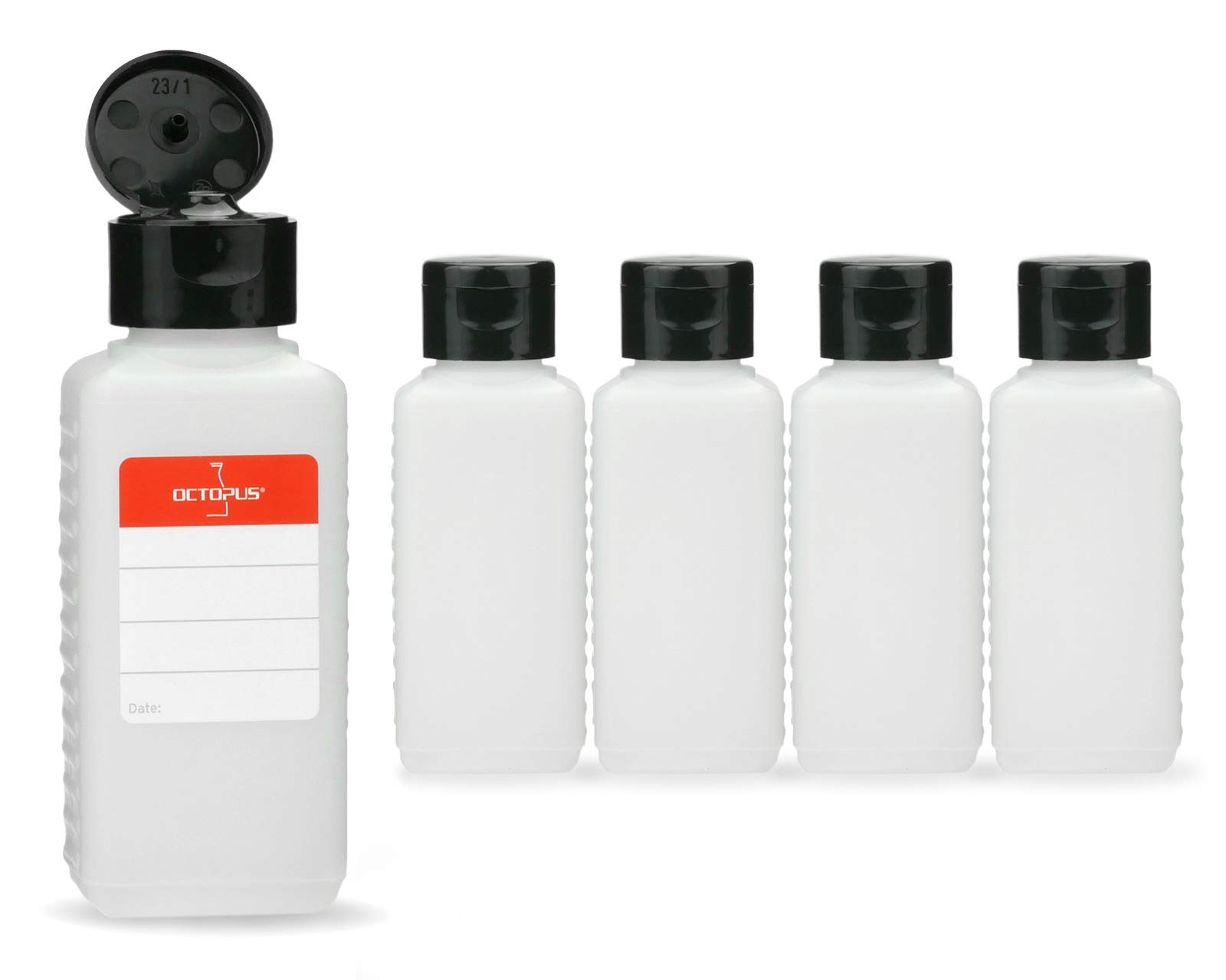 Octopus 5 x 100 ml plastic bottles, HDPE plastic bottles with black flip-top cap, empty bottles with black hinged cap, square bottles incl. 5 labels
