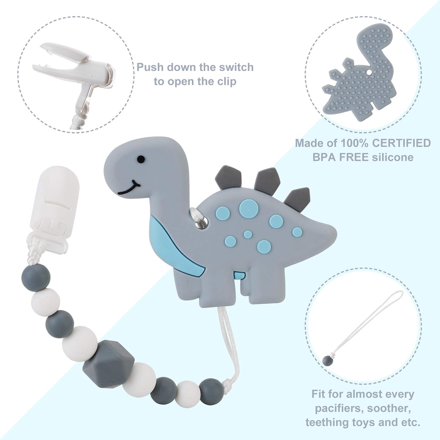Slotic Baby Teething Toys, Dinosaur Teether Pain Relief Toy with Pacifier Clip Holder Set for Newborn Babies, Freezer Safe Neutral Shower Gift, Soft & Textured Stocking Stuffers for Boy and Girl : Baby