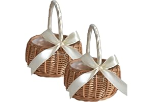 ASSR 2PCS Wedding Flower Girl Basket Set,Wicker Rattan Flower Basket with Handle,Petal Basket Candy Storage Basket ,Rattan Box Home Decoration,White,5.9x7.5 in(210209HT07-12#WSW98)