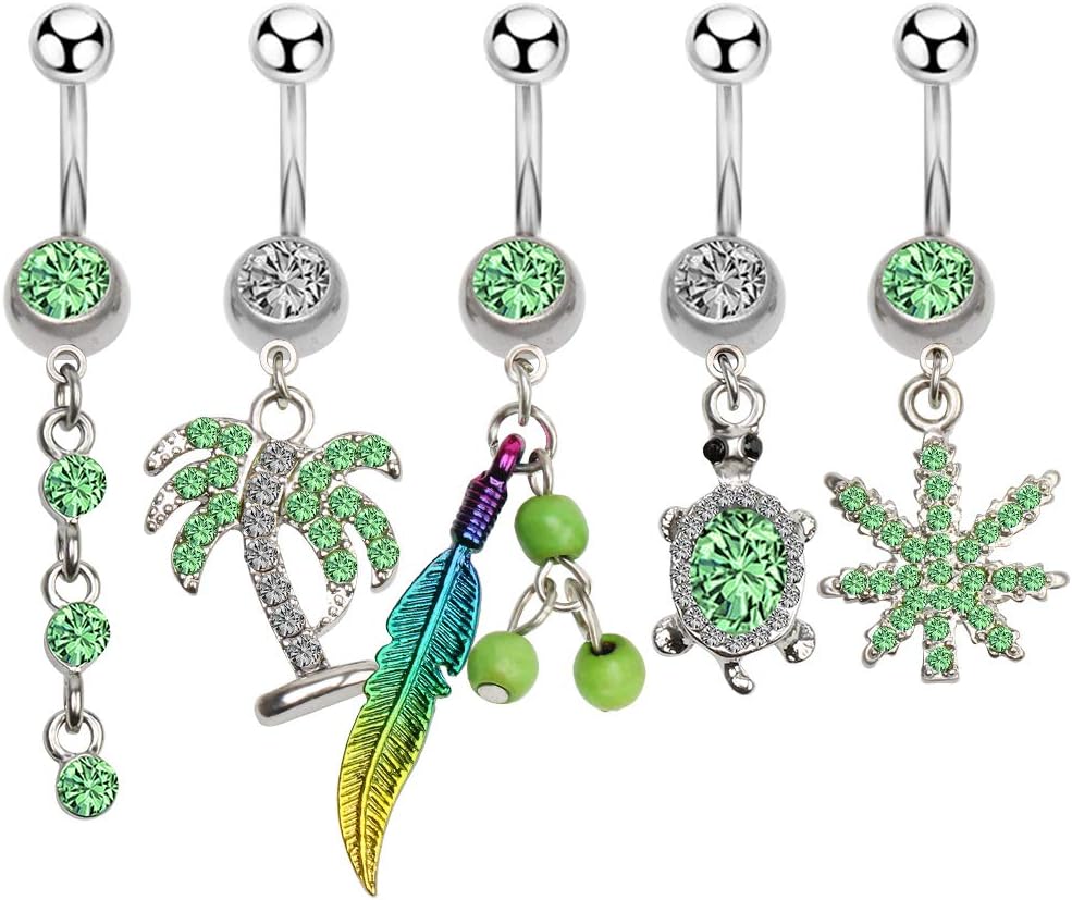 5 Pcs 14G Dangling Belly Rings, Belly Button Rings Flower Turtle Leaf Charm Dnagle Navel Rings, Steel Banana Bar Navel Piercing Jewelry for Women Girls