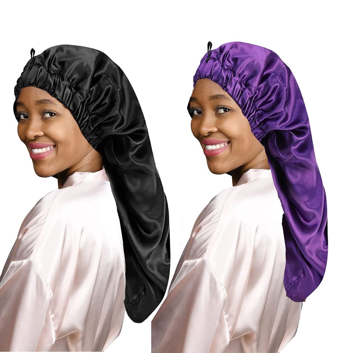 LadayPoa 2 Pcs Long Satin Sleep Cap for Women,Girls Silky Cap for Sleeping Large Satin Bonnet Single Layer Sleep Cap with Button for Long Curly Hair Protection(Black,Purple)