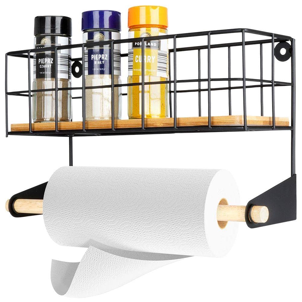 Vilde Kitchen Wall Shelf with Paper Towel Holder Black Metal and Bamboo