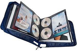 S·LATTYE DVD CD Storage Case with Extra Wide Title Cover Pages for Blu Ray Movie Music Audio Disk (Portable Carrying Binder Holder Wallet Album Home Organizer Shelf )- Blue, 128 disk units, 64 cover pockets