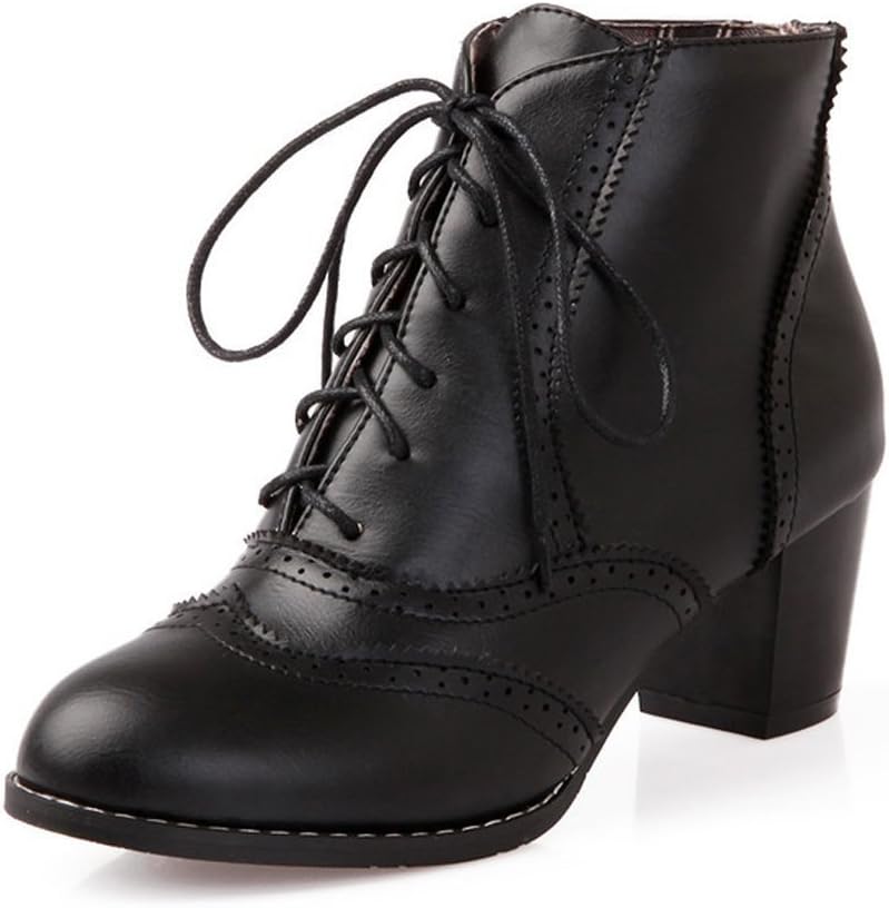 Inornever Womens Brogue Chunky Heel Ankle Booties Retro PU Lace Up Casual Oxford Shoes
