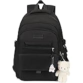 PRLINJSK Girls Backpack for College High Middle School Student, Cute Aesthetic Bookbag for Teens Women with Accessories,Black