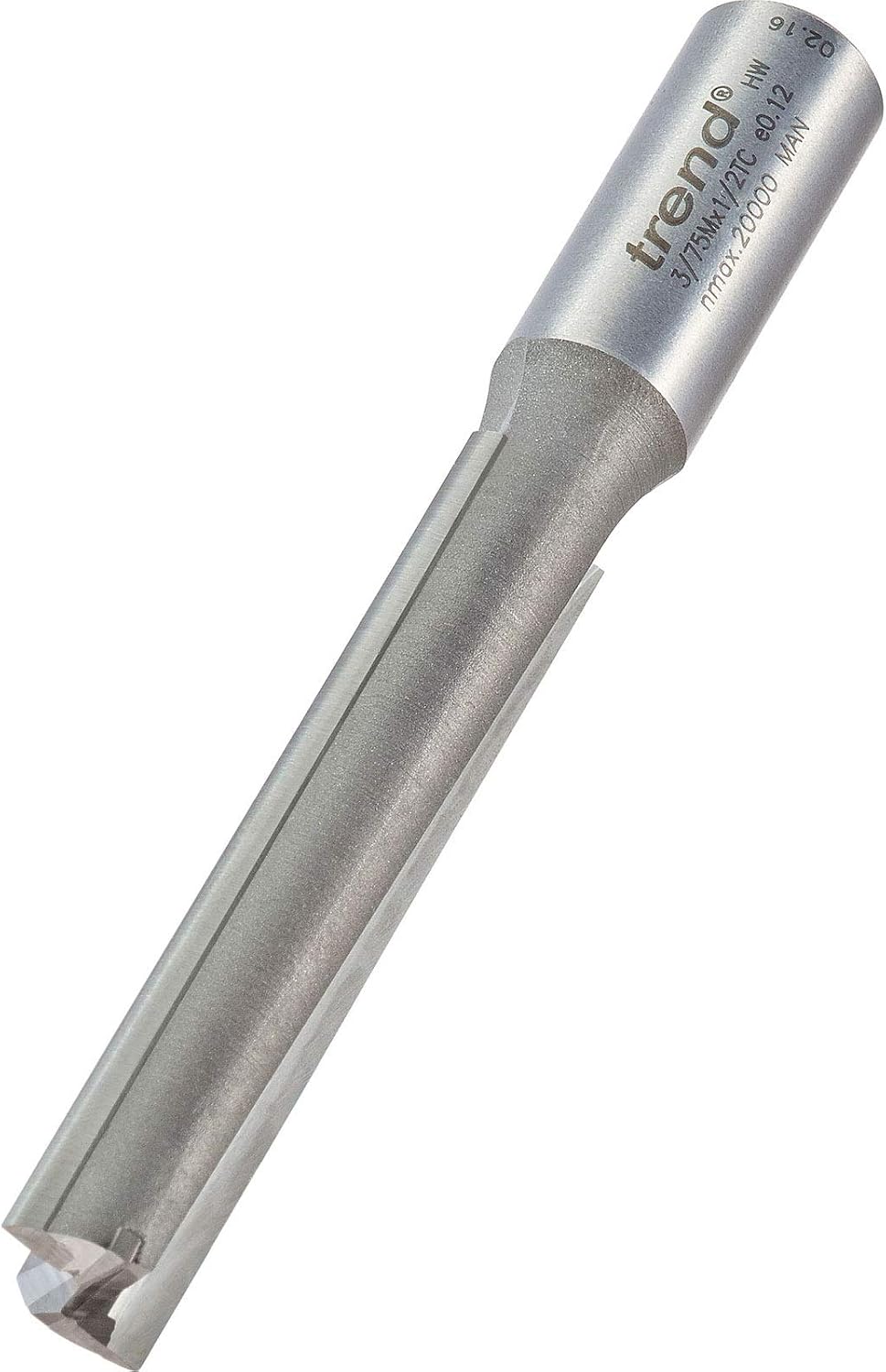 Trend Professional Two Flute Router Cutter, 1/2 Inch Shank, 12mm Cut Diameter & 63mm Cut Length, Tungsten Carbide Tipped, 3/75MX1/2TC