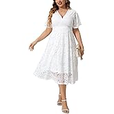 SCOMCHIC Women Plus Size Lace Cocktail Dresses Faux Wrap V Neck Short Sleeve Flowy A Line Wedding Guest Midi Dress