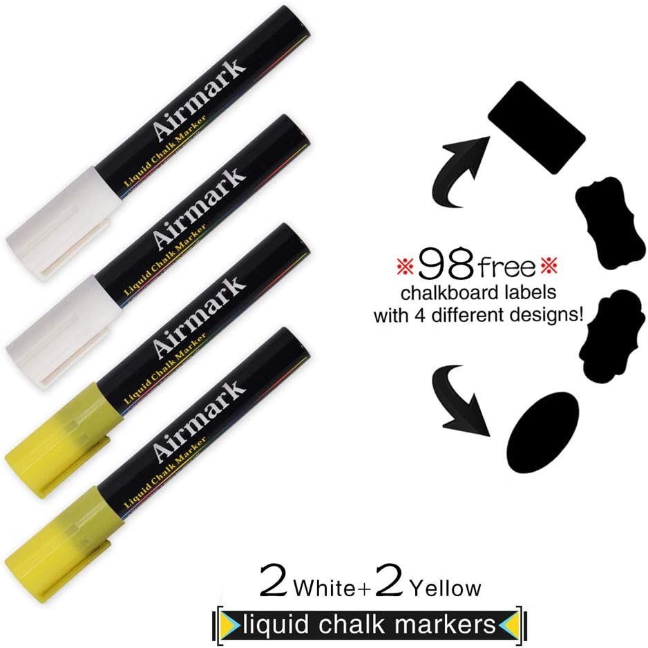 Airmark Liquid Chalk Markers, 4 Bright 6mm Reversible Tip Washable Pens with 98 Reusable Chalkboard Labels